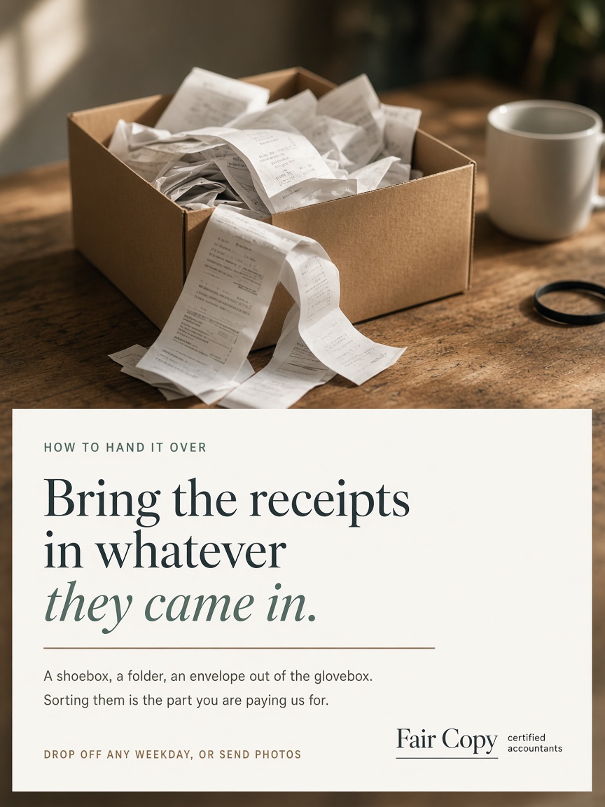 Fair Copy Accounting post: "Bring the receipts in whatever they came in.", a bone card set over a photograph of a shoebox of crumpled receipts on a desk.