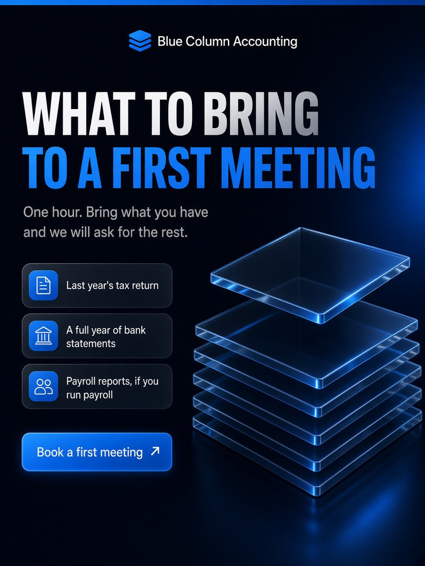Blue Column Accounting post: "WHAT TO BRING TO A FIRST MEETING", three glass chips naming the return, the statements and the payroll reports beside a chrome stack of glass sheets.