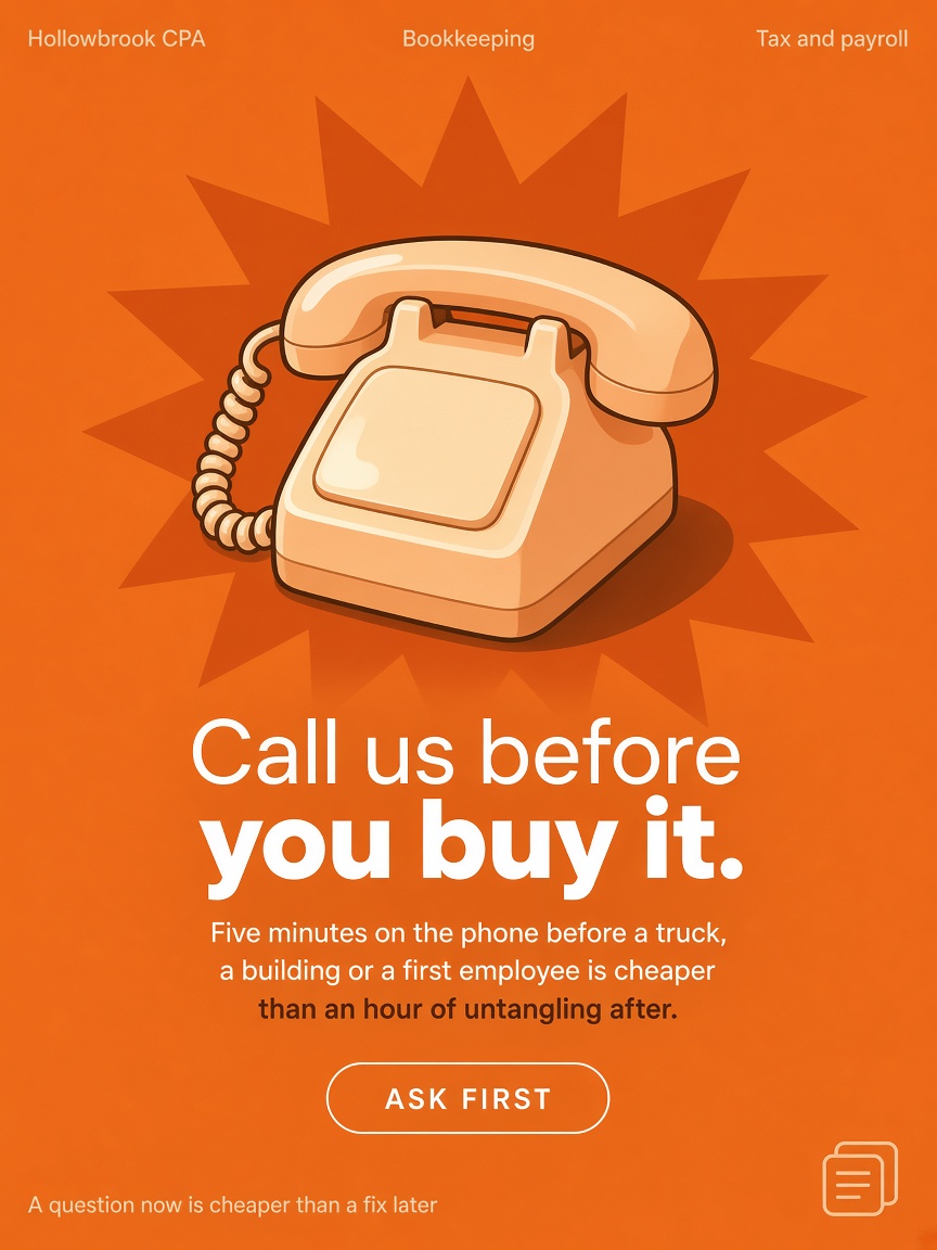 Hollowbrook CPA post: "Call us before you buy it.", a drawn desk telephone on a signal orange field above three lines about asking first.