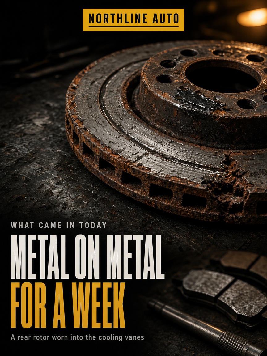 Northline Auto post: "METAL ON METAL FOR A WEEK", a rear brake rotor on a steel bench with its face cut through into the cooling vanes.