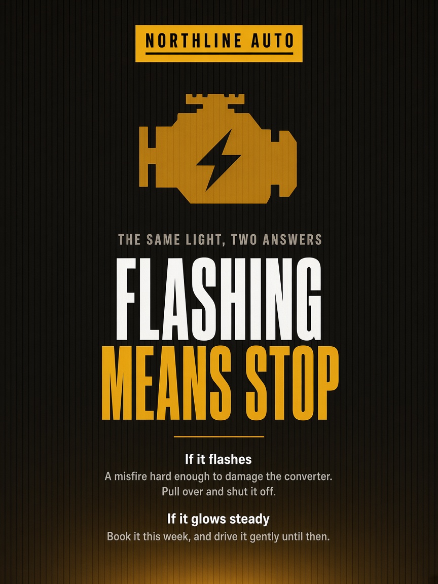 Northline Auto post: "FLASHING MEANS STOP", a large amber check engine symbol above two lines telling flashing from steady.