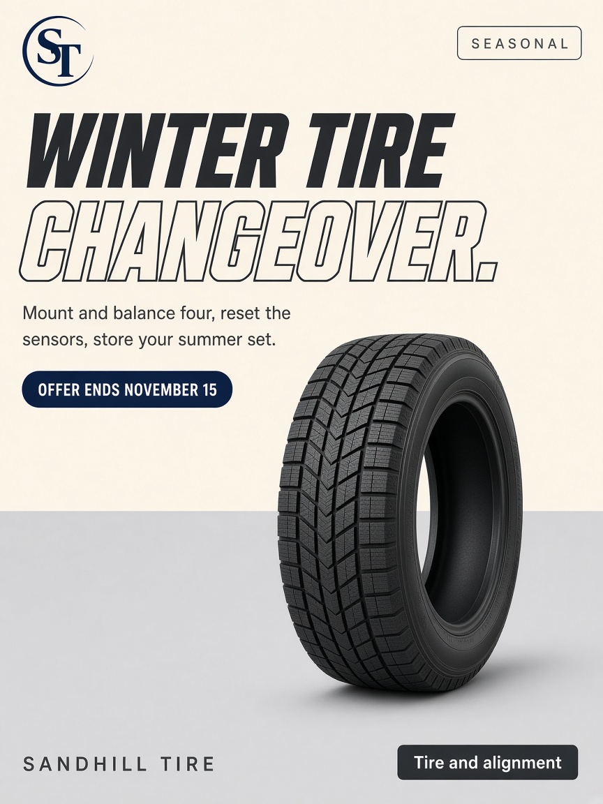 Sandhill Tire post: "WINTER TIRE CHANGEOVER", a winter tire standing on a grey studio band below an open cream field.