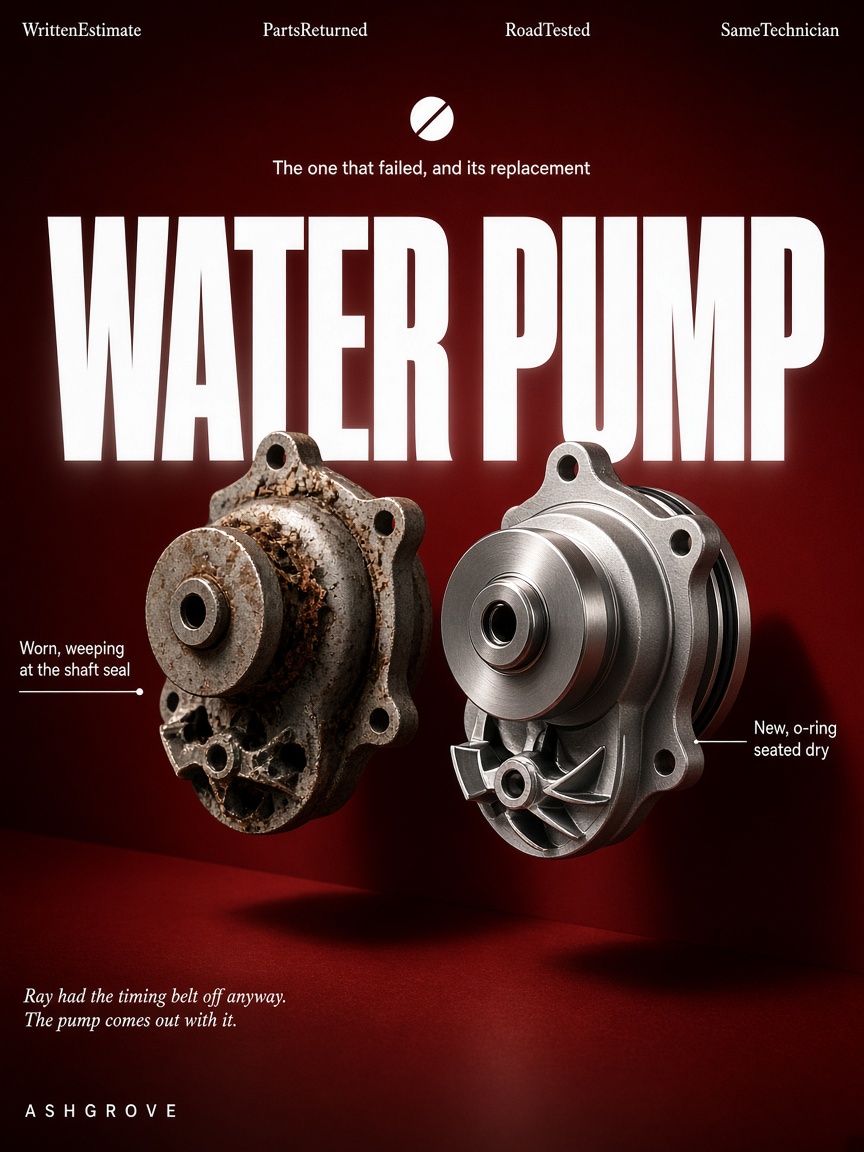 Ashgrove Motors post: "WATER PUMP", a scaled old water pump beside a clean new one floating over a giant word.