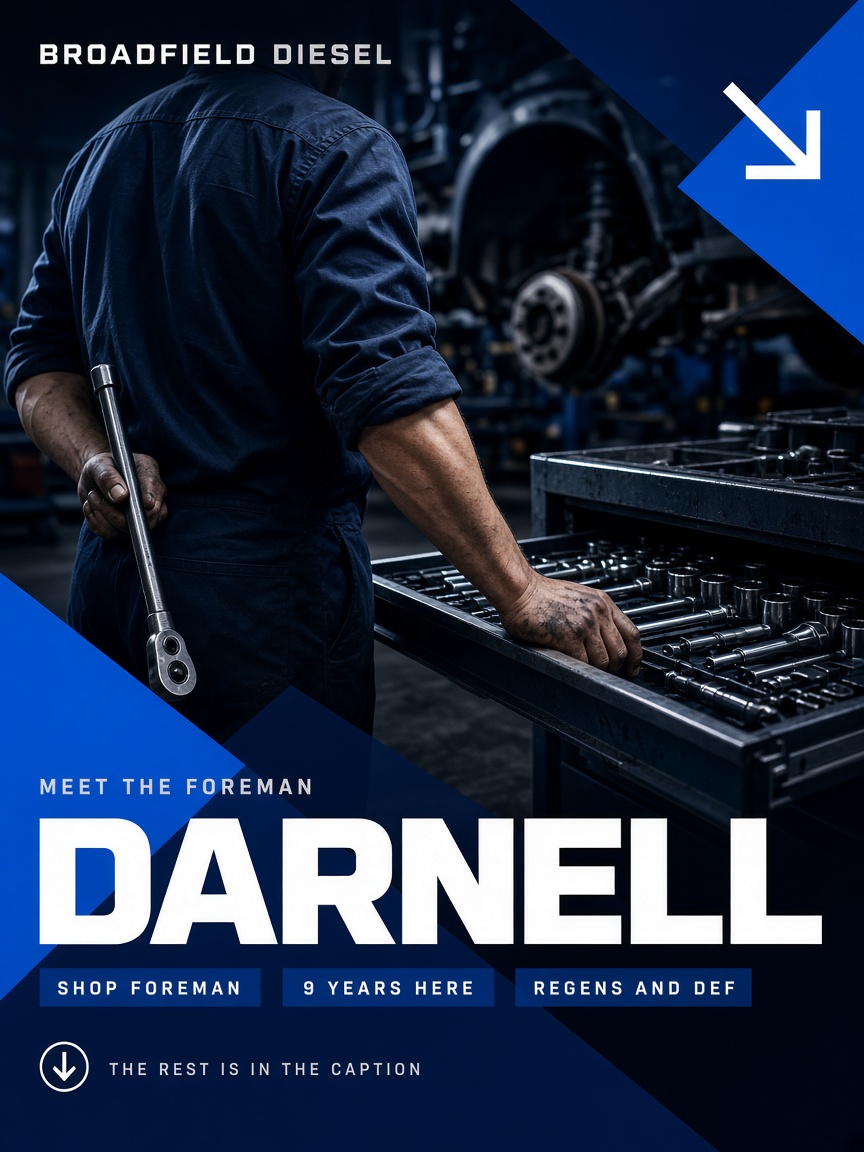 Broadfield Diesel post: "DARNELL", a technician seen from behind at an open toolbox in a diesel bay, with three label chips.