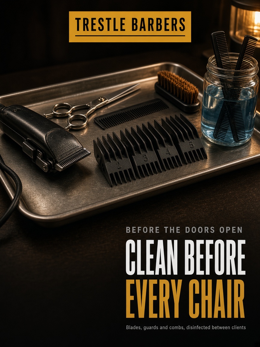 Trestle Barbers post: "CLEAN BEFORE EVERY CHAIR", clipper blades and a fanned set of numbered guards laid out on a steel tray under a warm shop lamp.