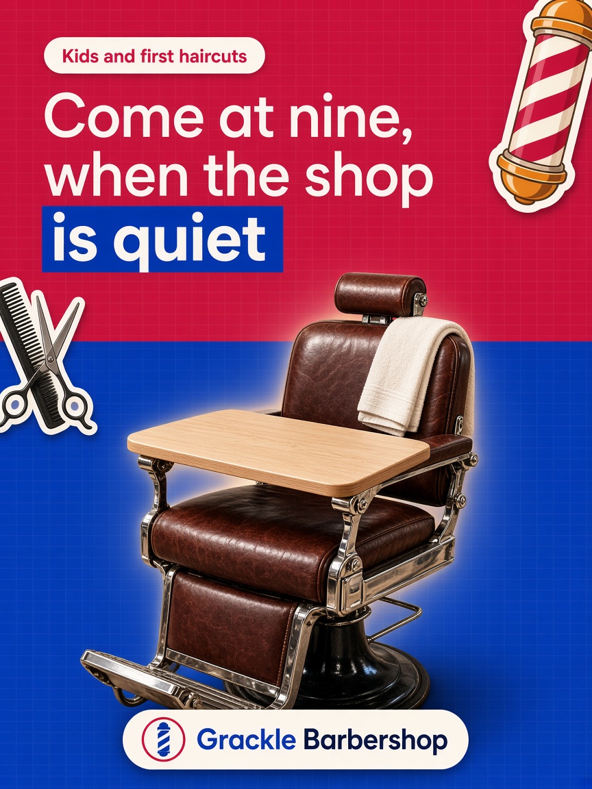 Grackle Barbershop post: "Come at nine, when the shop is quiet.", a red and blue card with a cut-out photograph of a wooden booster board laid across a barber chair.
