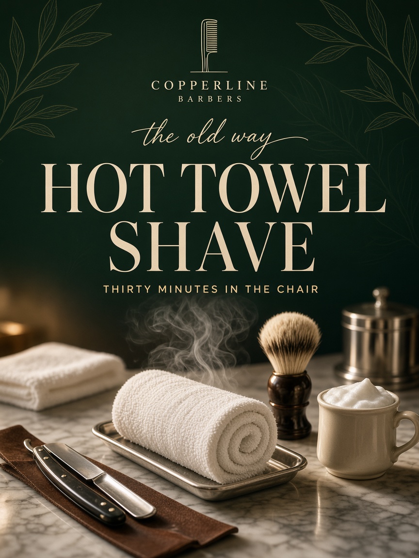 Copperline Barbers post: "HOT TOWEL SHAVE", a bottle green card over a photograph of a steaming rolled towel, a badger brush and an open straight razor on marble.