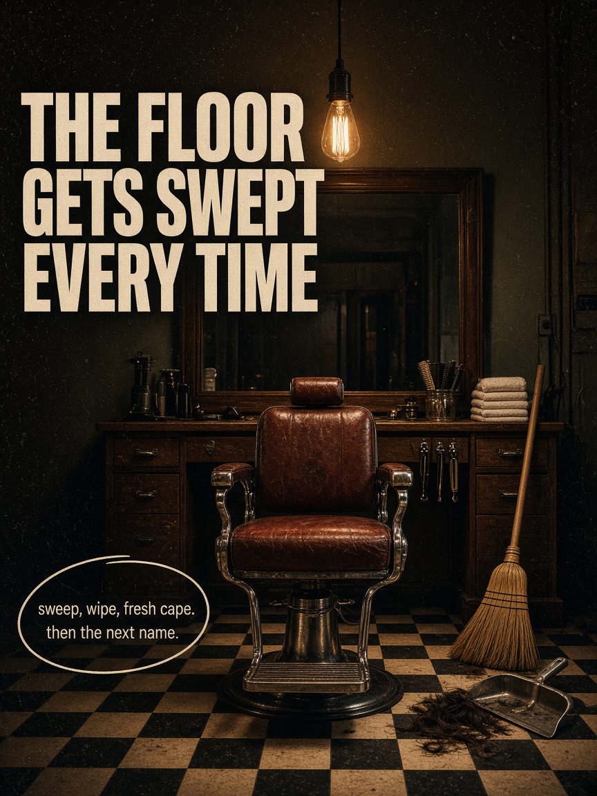 Dovetail Barbershop post: "THE FLOOR GETS SWEPT EVERY TIME", a warm photograph of an empty barber chair, a leaning broom and a swept tile floor under one hanging bulb.