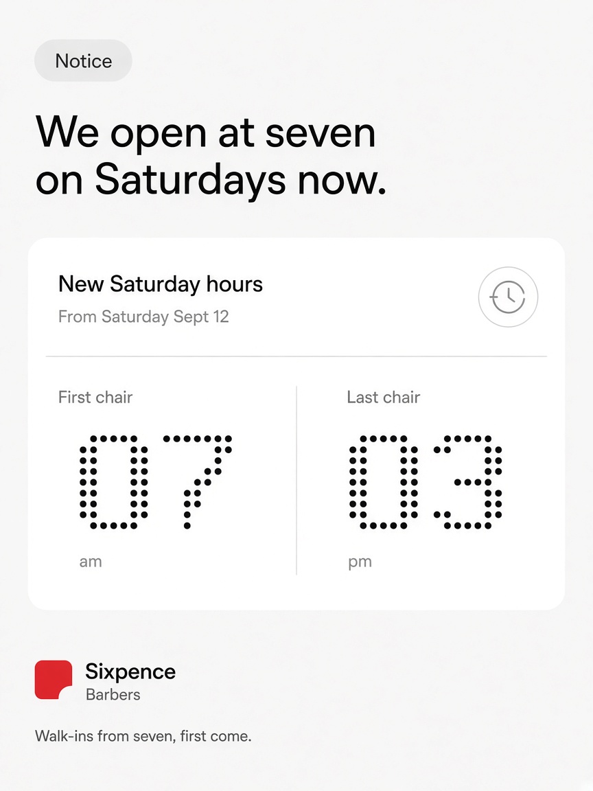 Sixpence Barbers post: "We open at seven on Saturdays now.", a pale grey report card showing the first and last Saturday chair in dot matrix numerals.