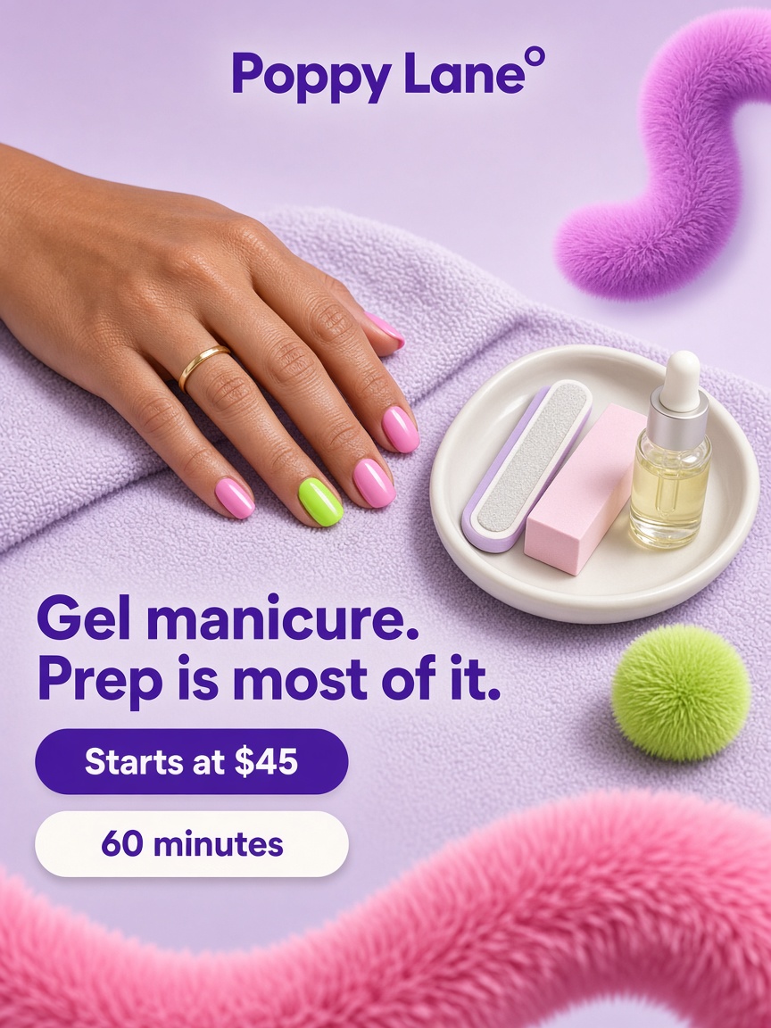 Poppy Lane post: "Gel manicure. Prep is most of it.", an overhead of a finished pink and lime gel set on a lavender towel.