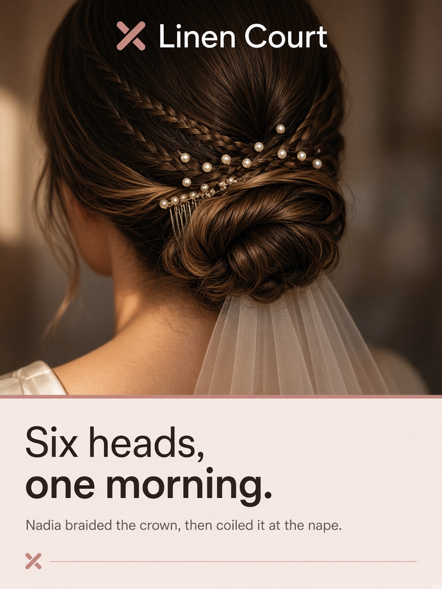 Linen Court post: "Six heads, one morning.", a finished bridal updo of fine braids coiled at the nape with pearl pins.