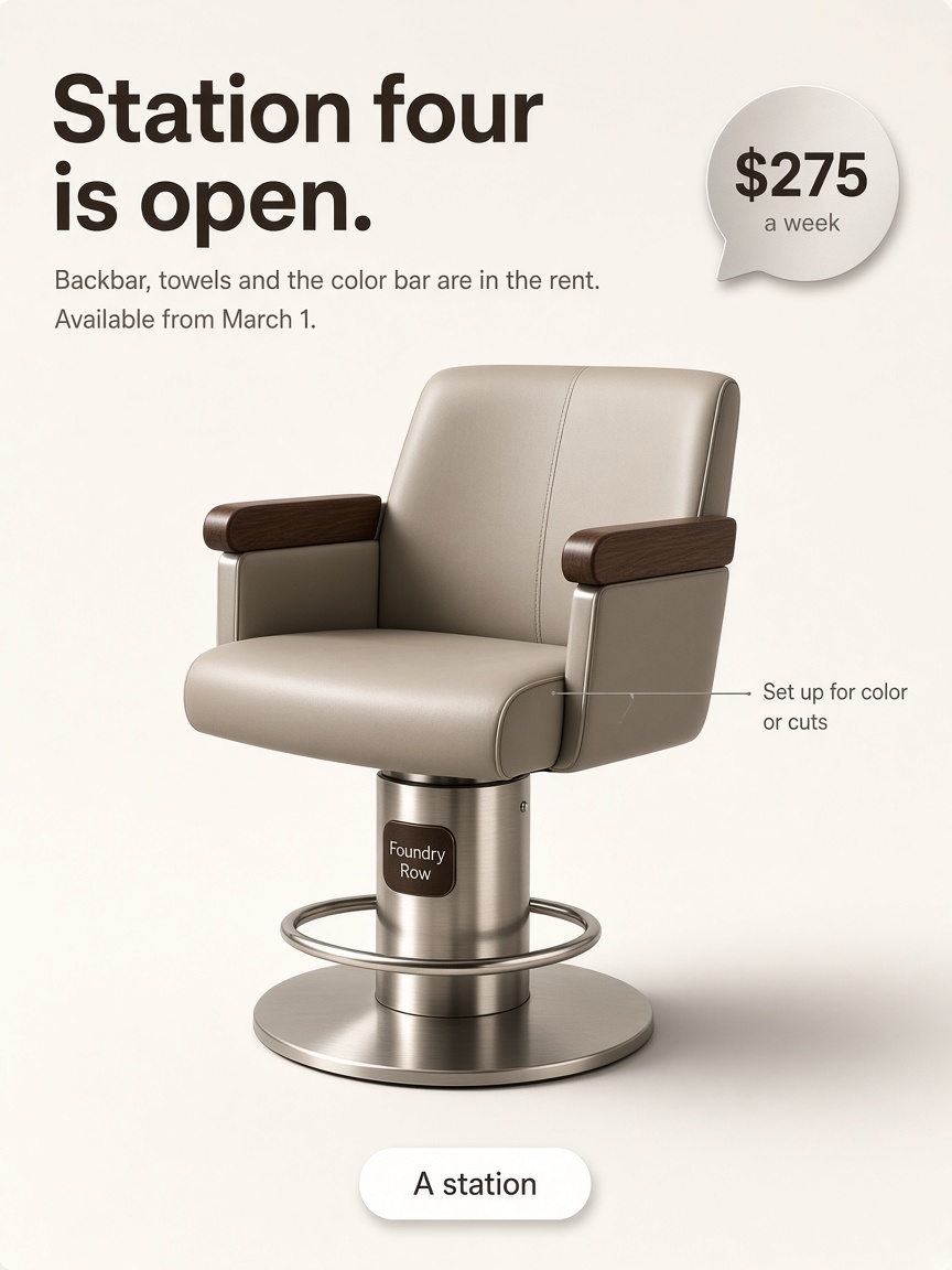 Foundry Row post: "Station four is open.", a brushed steel and walnut styling chair alone on a paper white field.