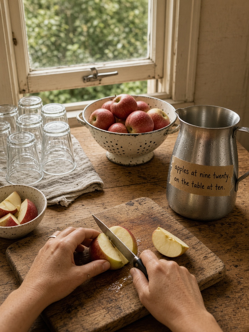 Hazel Yard post: "apples at nine twenty.", a teacher's hands quartering apples beside a milk jug and rows of small glasses.