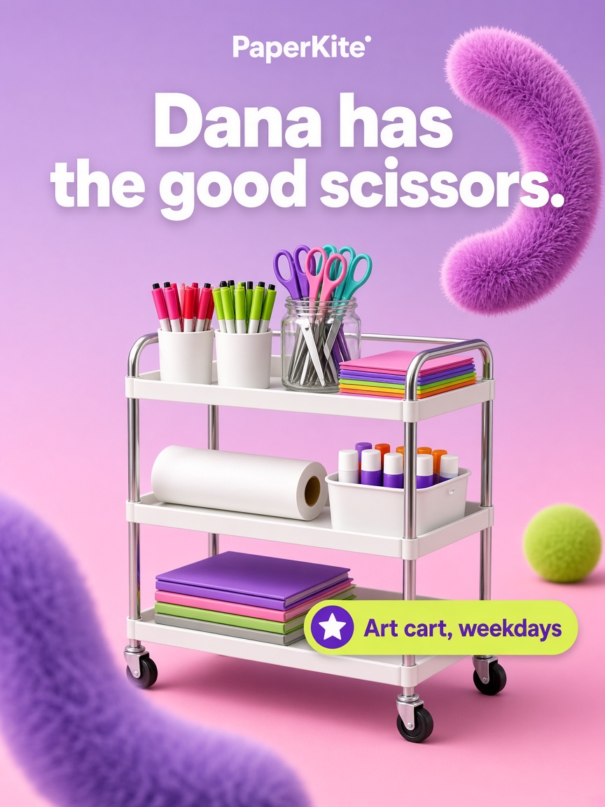 Paper Kite post: "Dana has the good scissors.", a rolling art cart of sorted markers, scissors and paper on a violet field.