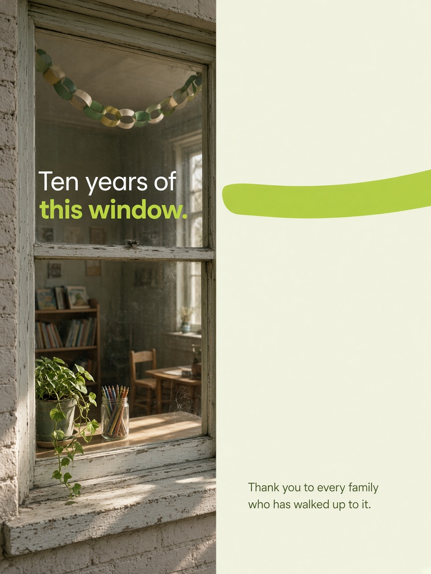 Willow Bend post: "Ten years of this window.", a front room seen through a sash window with picture books and a paper chain.