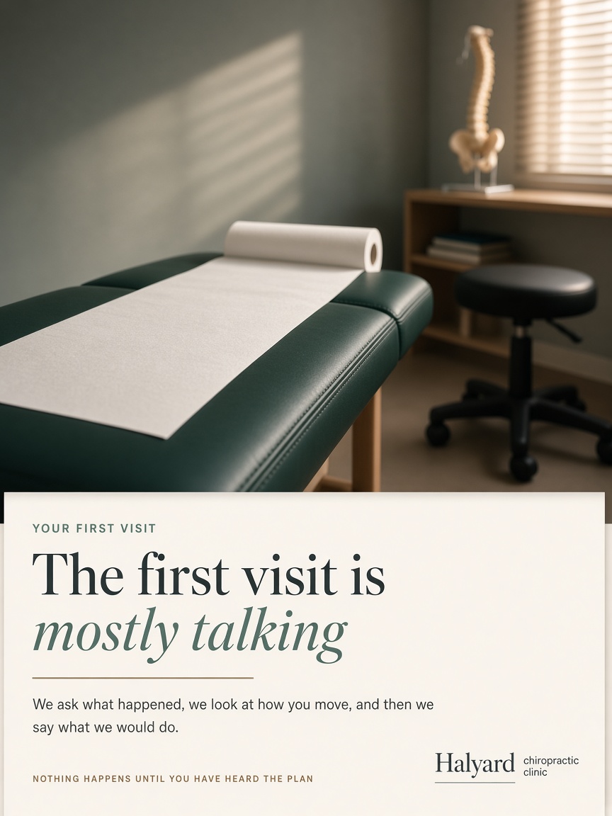 Halyard Chiropractic post: "The first visit is mostly talking.", a bone card set over a photograph of an empty treatment room with fresh paper laid down the table.