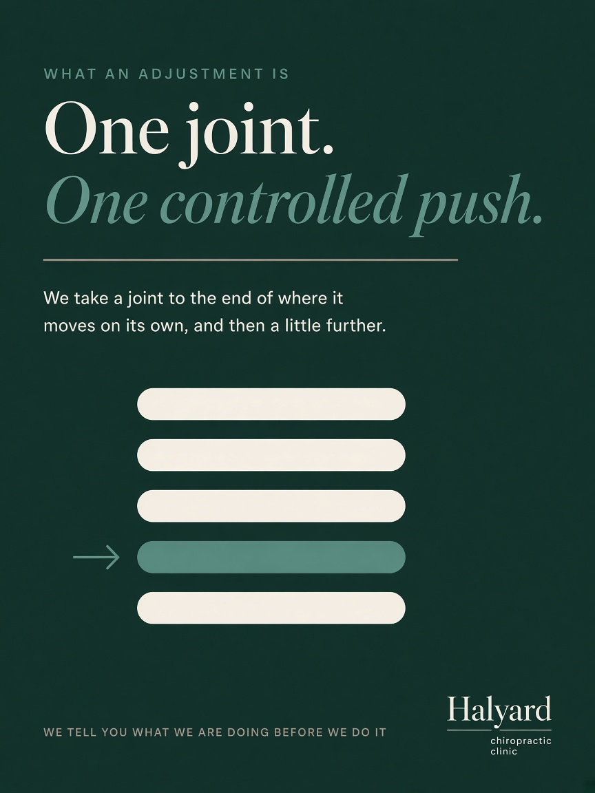 Halyard Chiropractic post: "One joint. One controlled push.", a deep pine green card with five rounded bars stacked and the middle one shifted to the right.