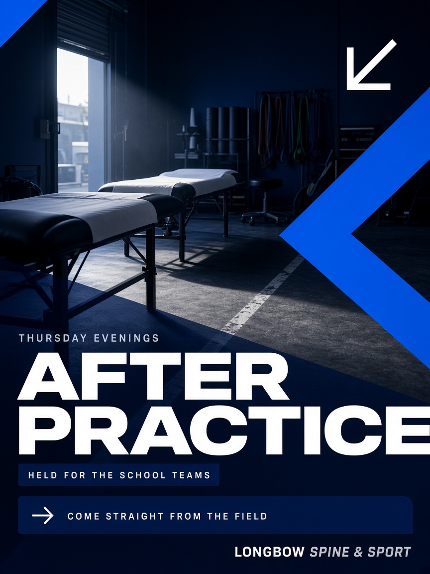 Longbow Spine & Sport post: "AFTER PRACTICE", a photograph of two empty treatment tables in a sports bay under electric blue diagonal panels.