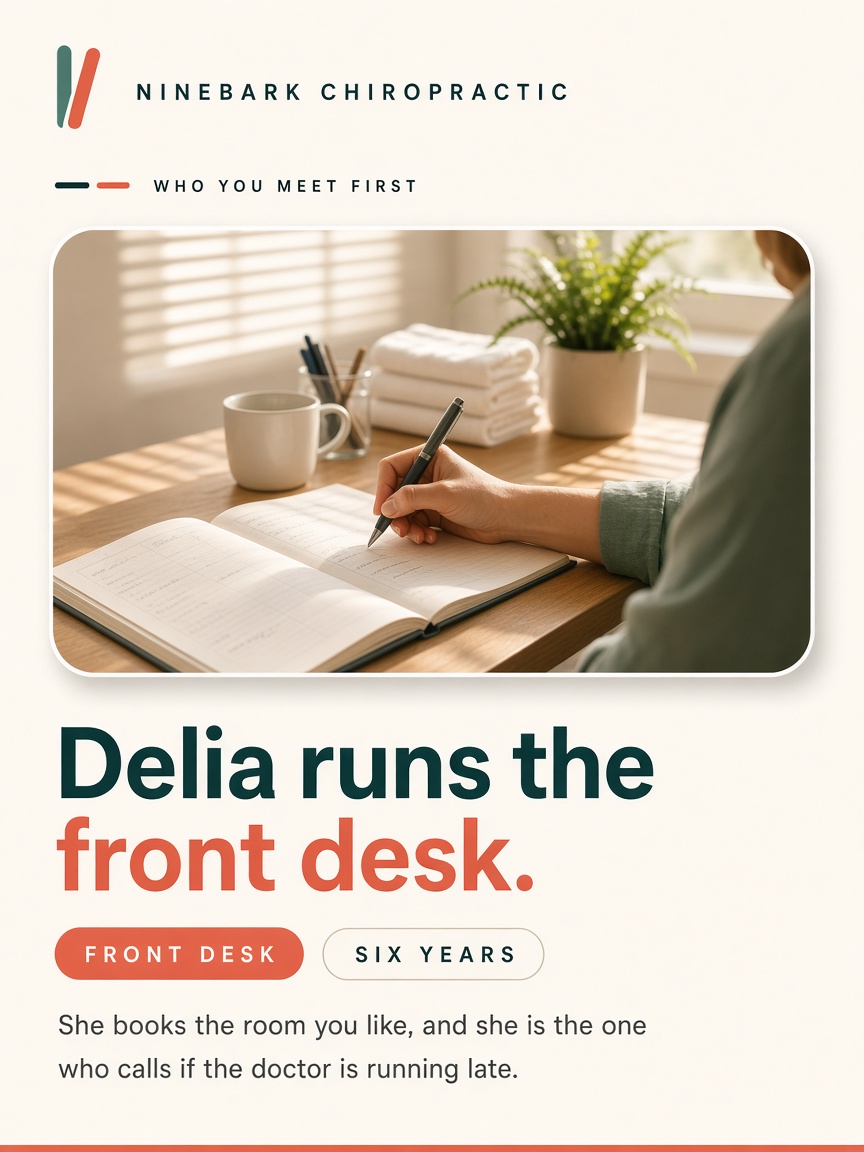 Ninebark Chiropractic post: "Delia runs the front desk.", a bone poster with a photograph taken over a receptionist's shoulder at an open appointment book.