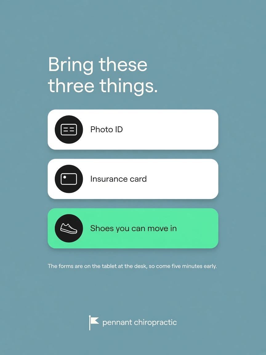 Pennant Chiropractic post: "Bring these three things.", a dusty blue card holding three stacked tiles for a photo ID, an insurance card and shoes you can move in.