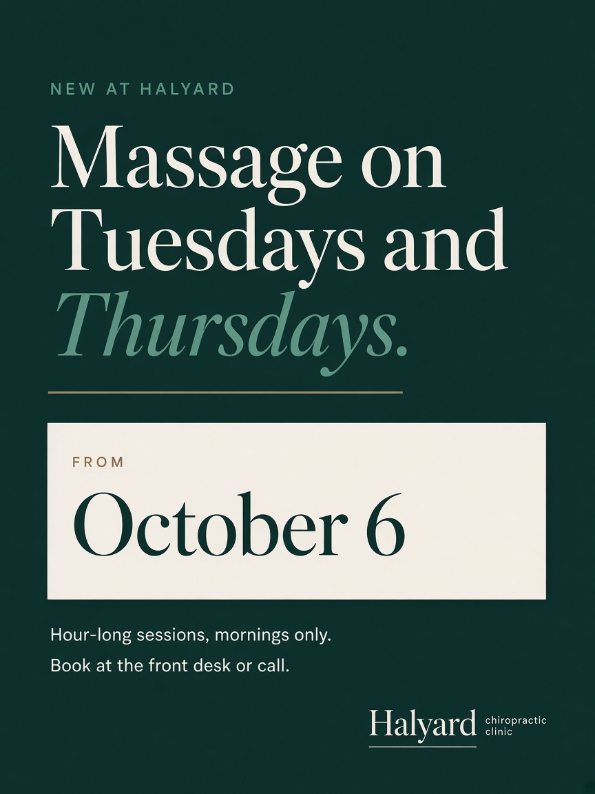 Halyard Chiropractic post: "Massage on Tuesdays and Thursdays", a deep pine green card with a bone panel carrying the October 6 start date.