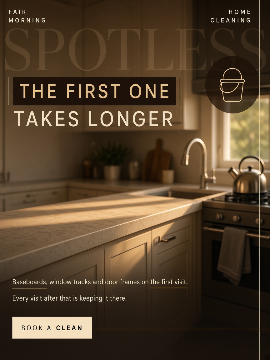 Fair Morning post: "THE FIRST ONE TAKES LONGER", a finished kitchen counter in low morning sun with a dry empty sink and one folded cloth on the oven rail.