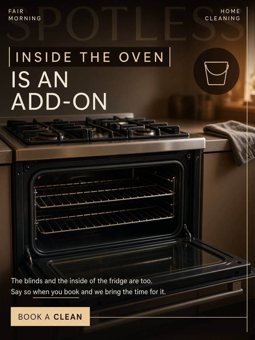 Fair Morning post: "INSIDE THE OVEN IS AN ADD-ON", an open oven door with two clean racks under a bare wiped cooktop.