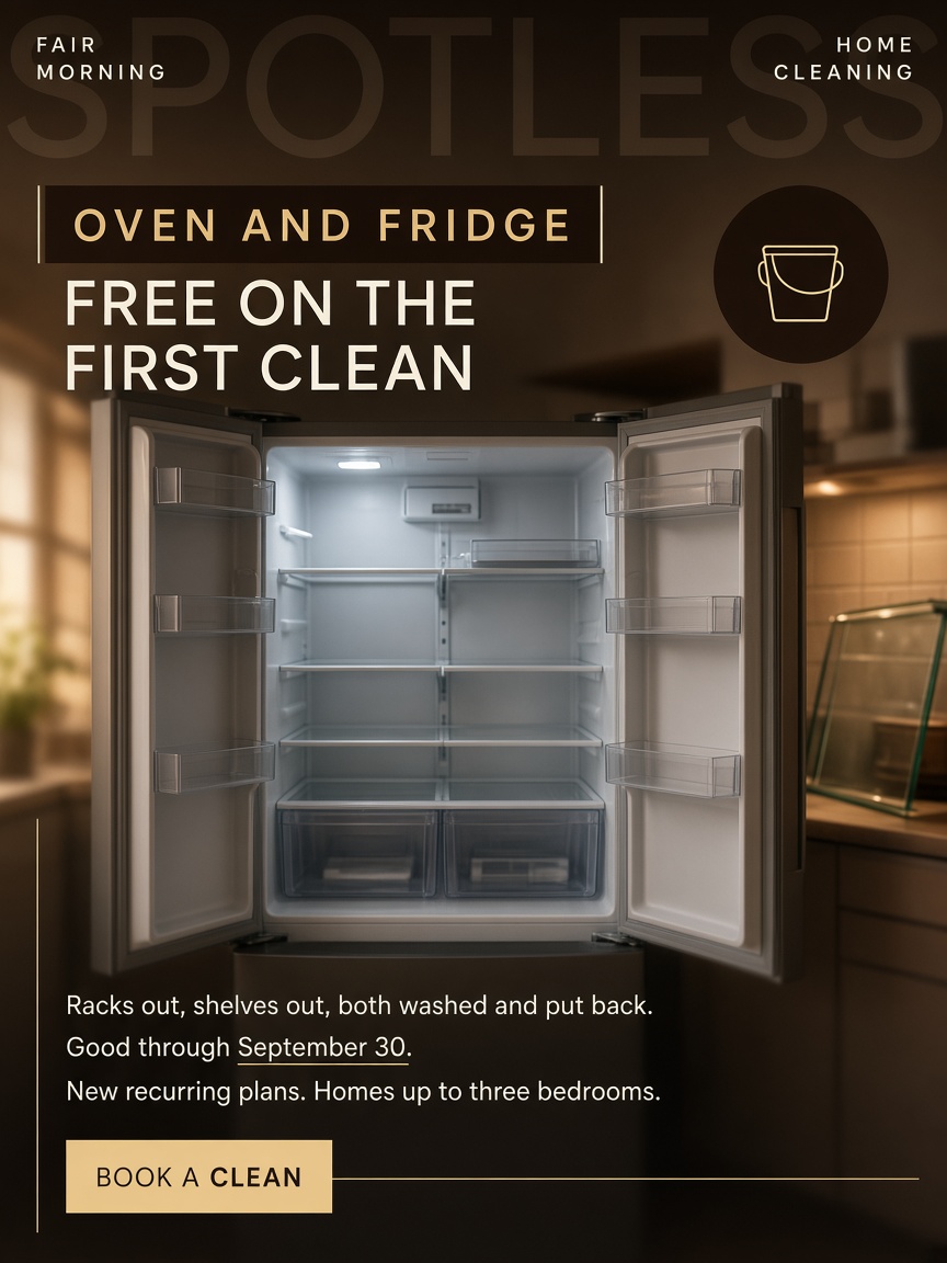 Fair Morning post: "OVEN AND FRIDGE FREE ON THE FIRST CLEAN", an emptied refrigerator standing open with bare glass shelves and the interior light on.