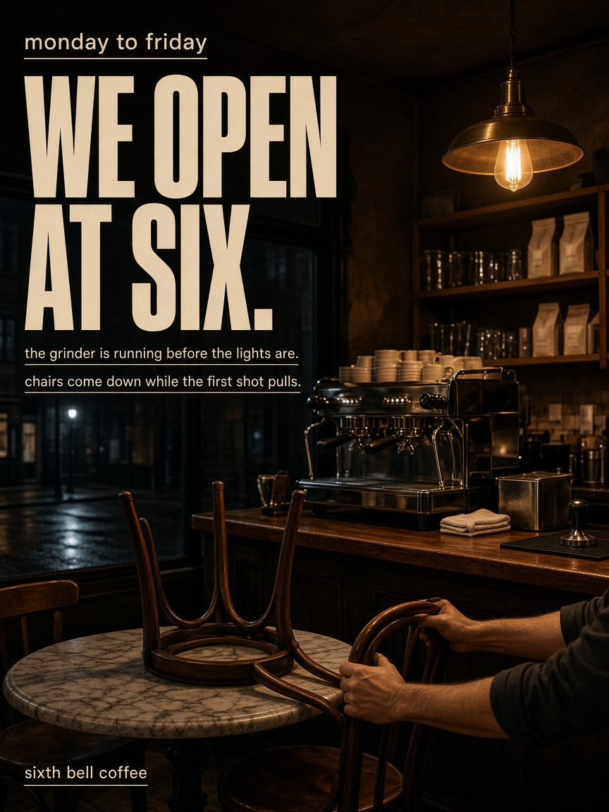 Sixth Bell Coffee post: "WE OPEN AT SIX.", a dark cafe before opening with one pendant lit over the counter and a chair being set down off a table.
