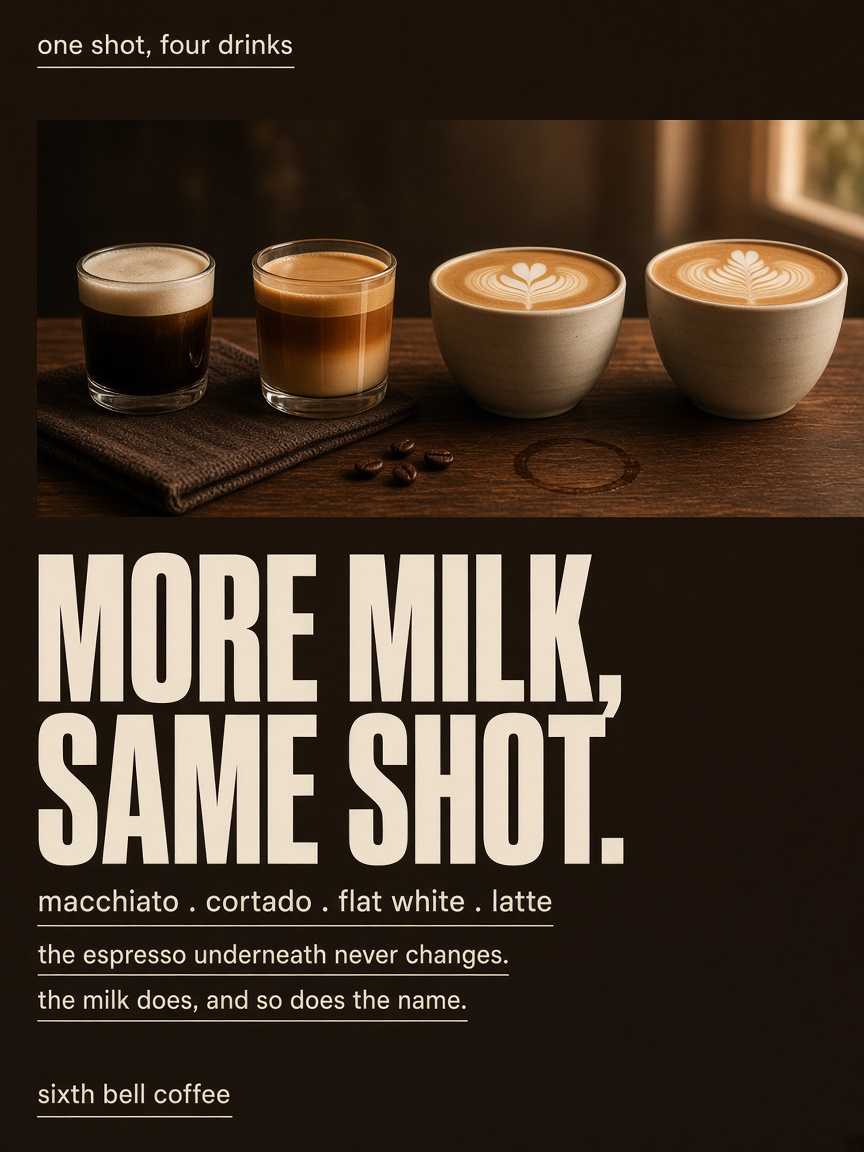 Sixth Bell Coffee post: "MORE MILK, SAME SHOT.", four cups in a row on a walnut counter, from a small macchiato glass to a tall latte.