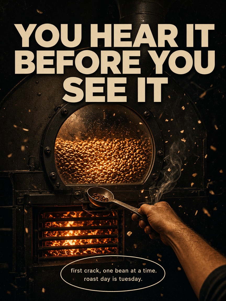 Ashmill Roasters post: "YOU HEAR IT BEFORE YOU SEE IT", a hand drawing the trier from a glowing drum roaster with chaff in the air.