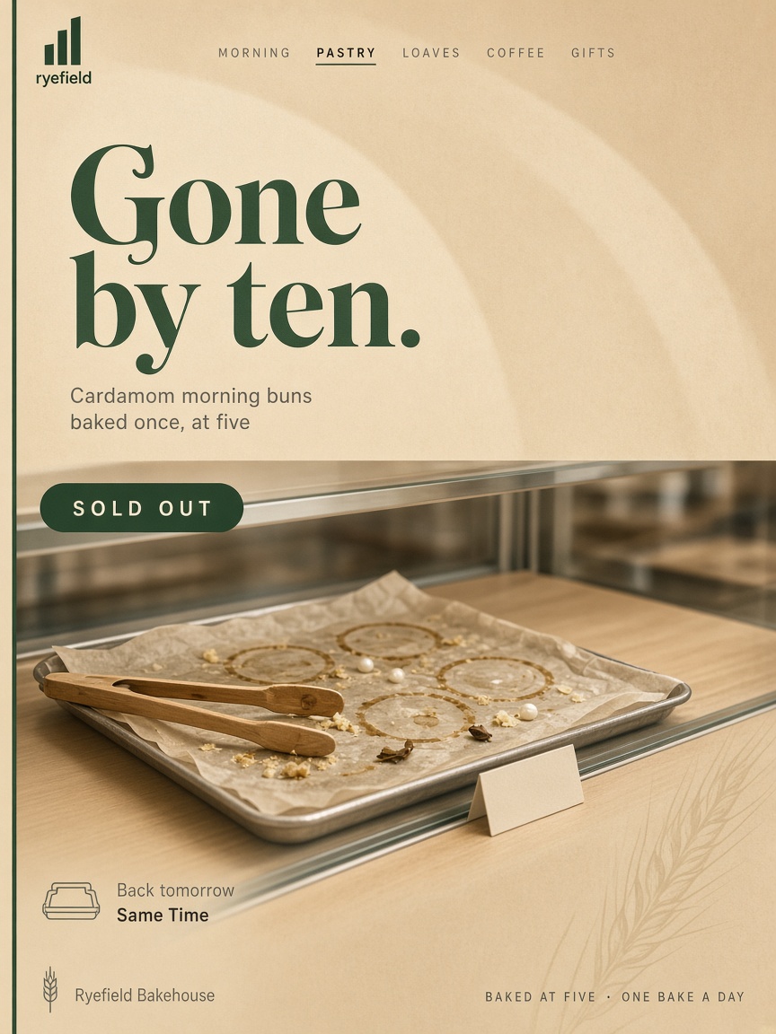 Ryefield Bakehouse post: "Gone by ten.", a bakery case shelf holding one empty parchment-lined tray, its crumbs and the tongs, behind the glass.