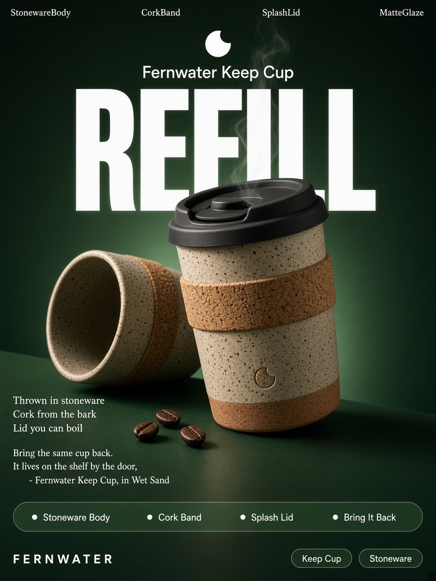 Fernwater Coffee post: "REFILL", a stoneware keep cup with a cork band on a dark green studio plane, the giant word behind it.