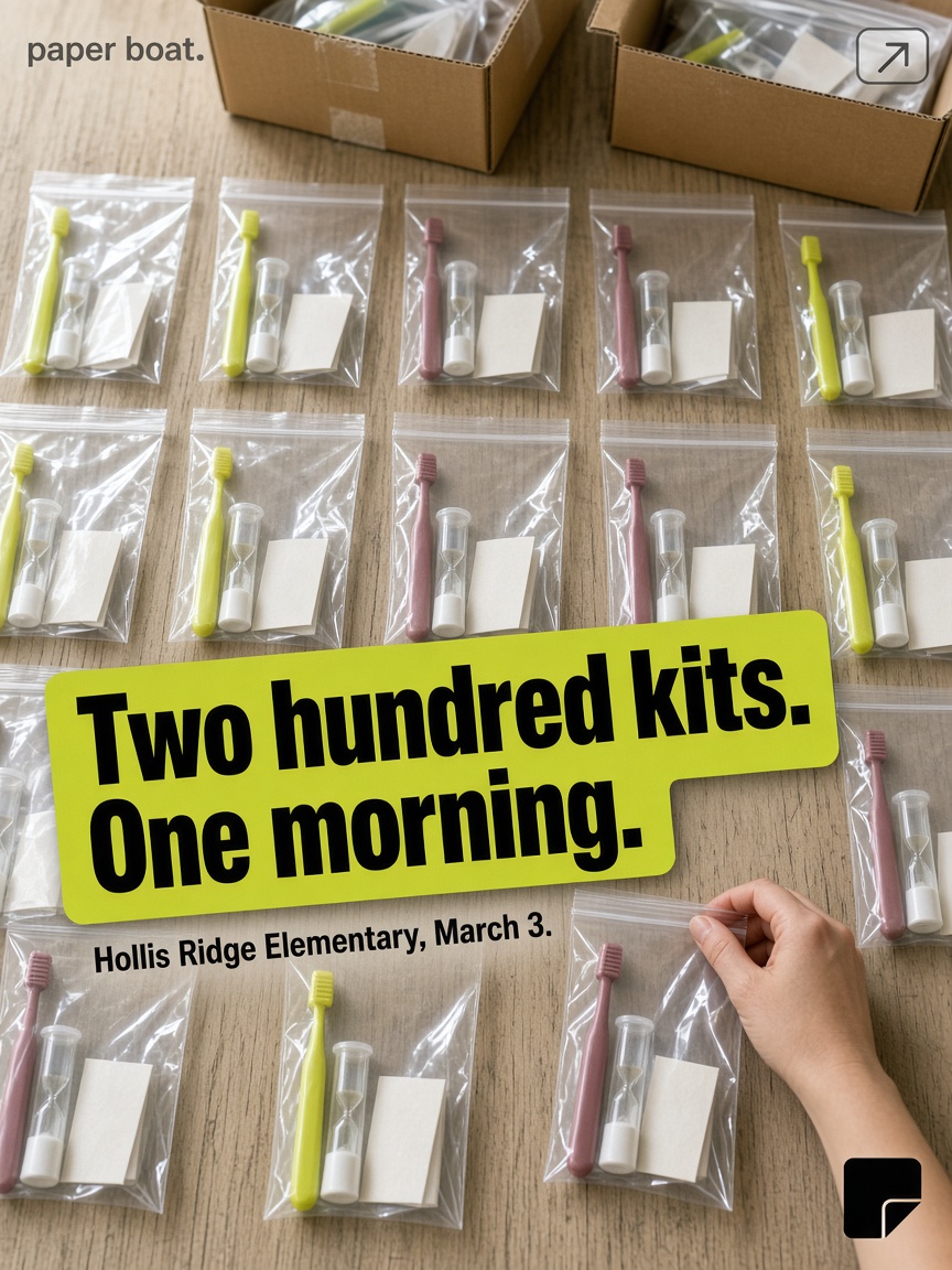 Paper Boat Dental post: "Two hundred kits. One morning.", an overhead table of packed hygiene kits under a tilted lime sticker.