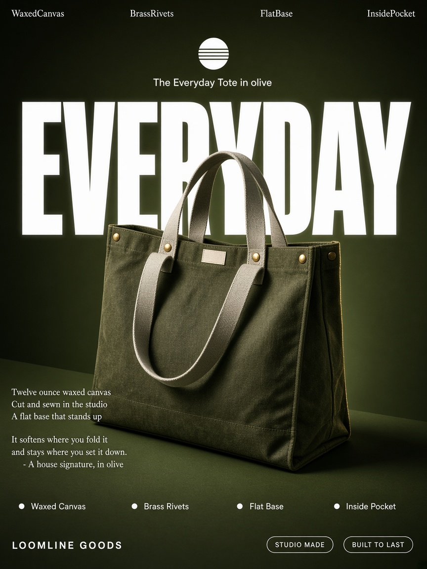 Loomline Goods post: "EVERYDAY", an olive waxed canvas tote floating over a deep loden studio floor.