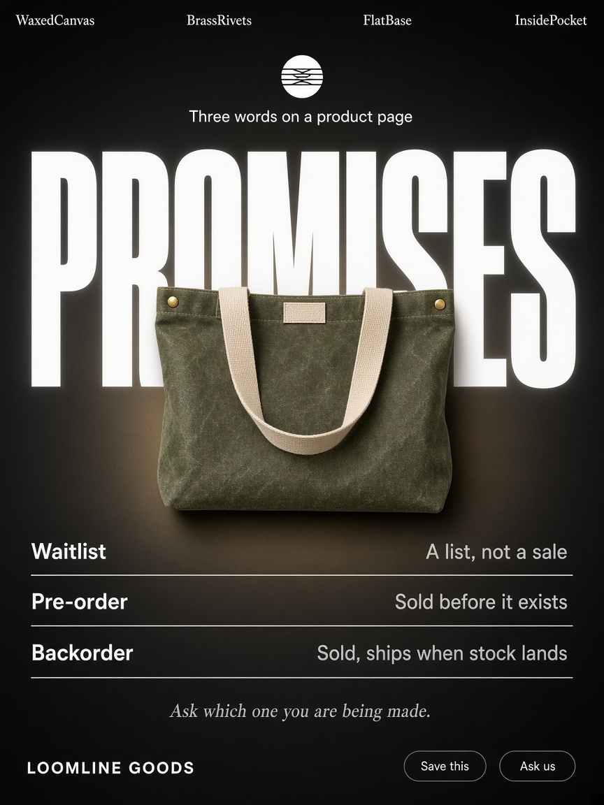 Loomline Goods post: "PROMISES", a graphite card setting waitlist, pre-order and backorder against what each one means.