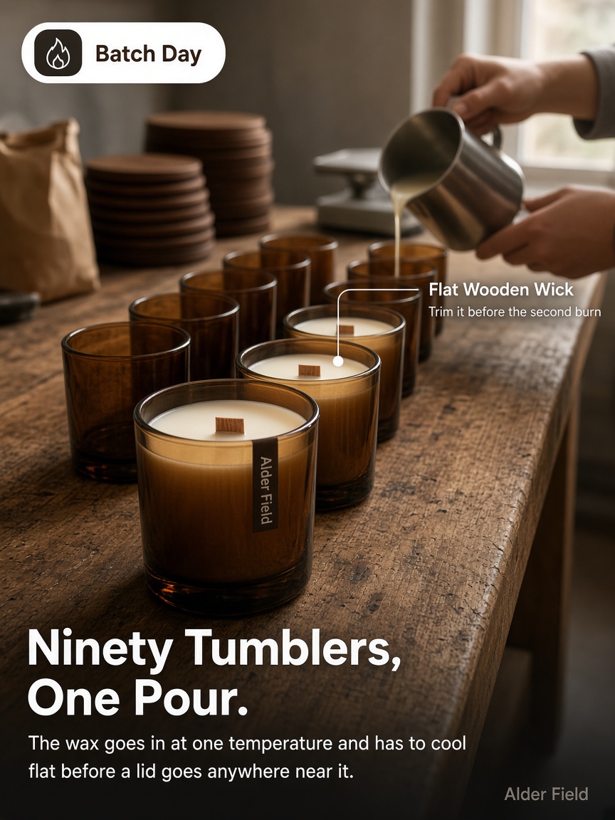 Alder Field post: "Ninety Tumblers, One Pour.", hands tipping a steel pitcher of wax into amber glass tumblers on a workbench.