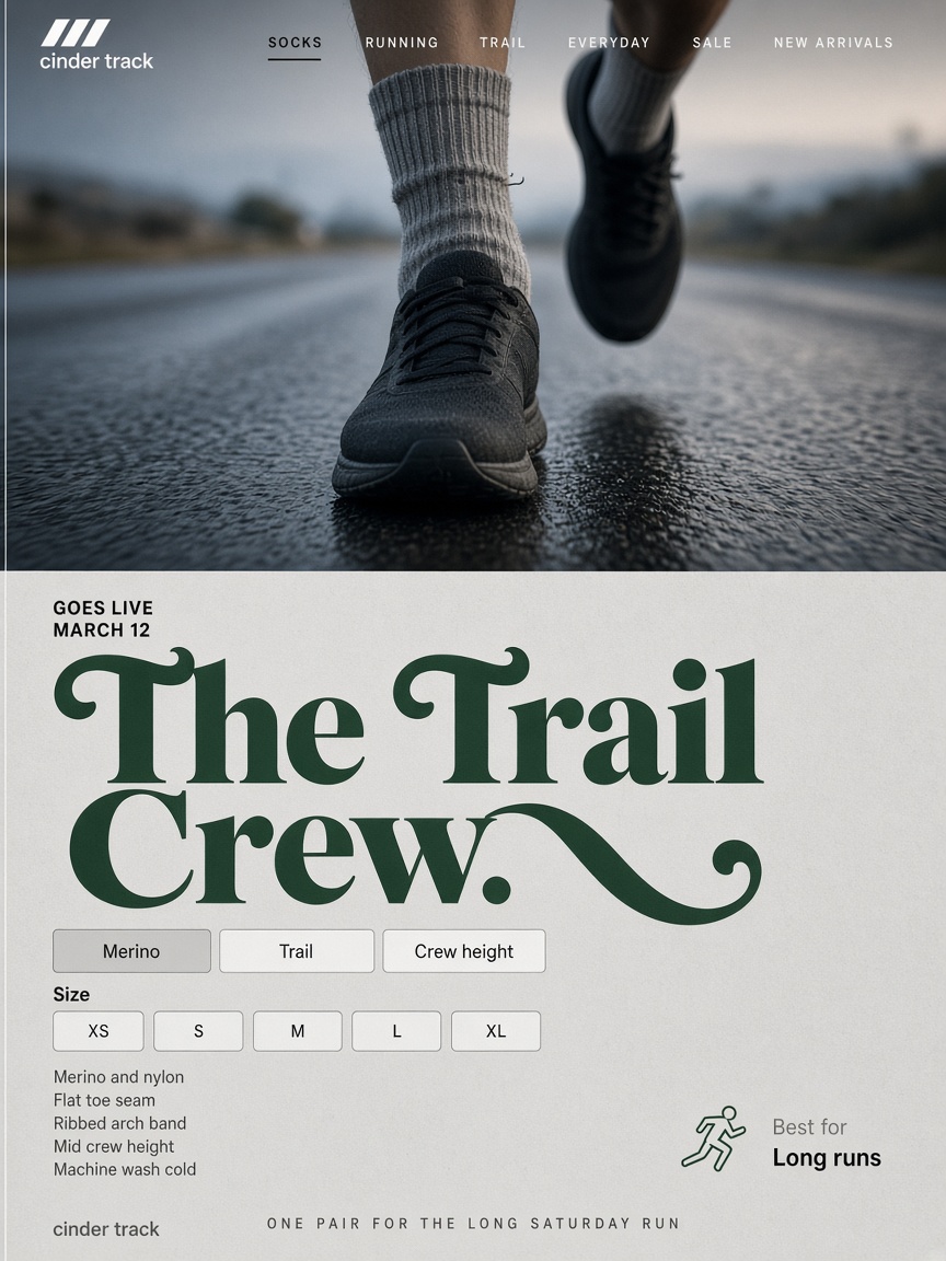 Cinder Track post: "The Trail Crew.", a runner's ankles in ash grey merino socks on wet asphalt above a size grid.