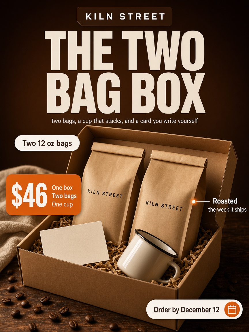 Kiln Street post: "THE TWO BAG BOX", an open kraft gift box holding two coffee bags and an enamel cup.