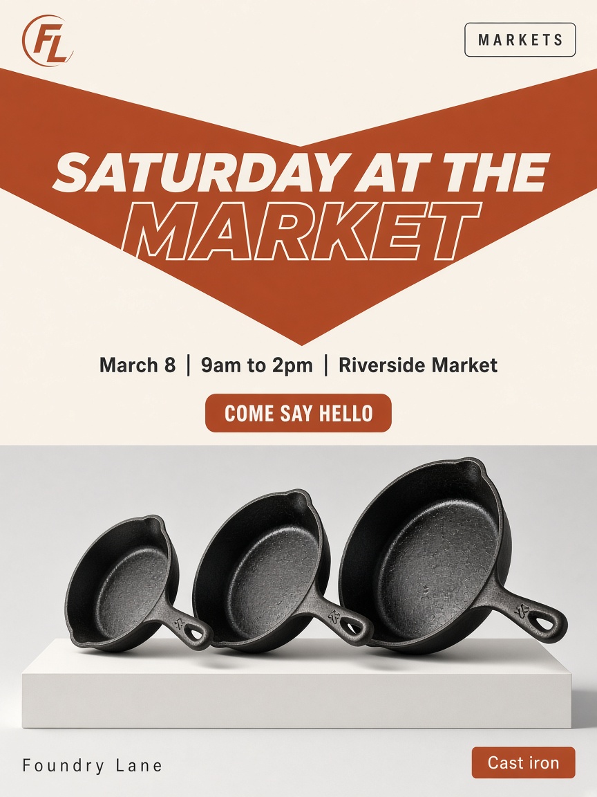 Foundry Lane post: "SATURDAY AT THE MARKET", three cast iron skillets on a white plinth under a rust chevron.