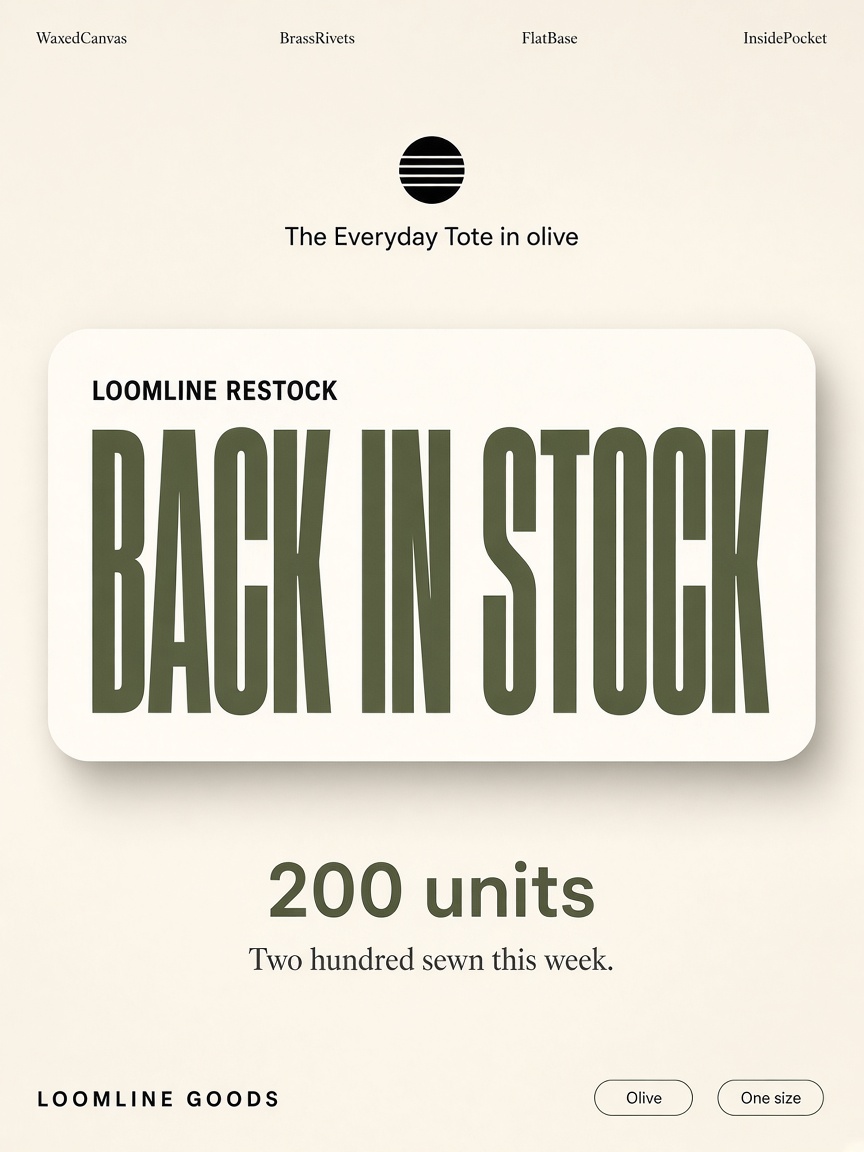 Loomline Goods post: "BACK IN STOCK", a bone studio card with a white label plate, the product line and 200 units.