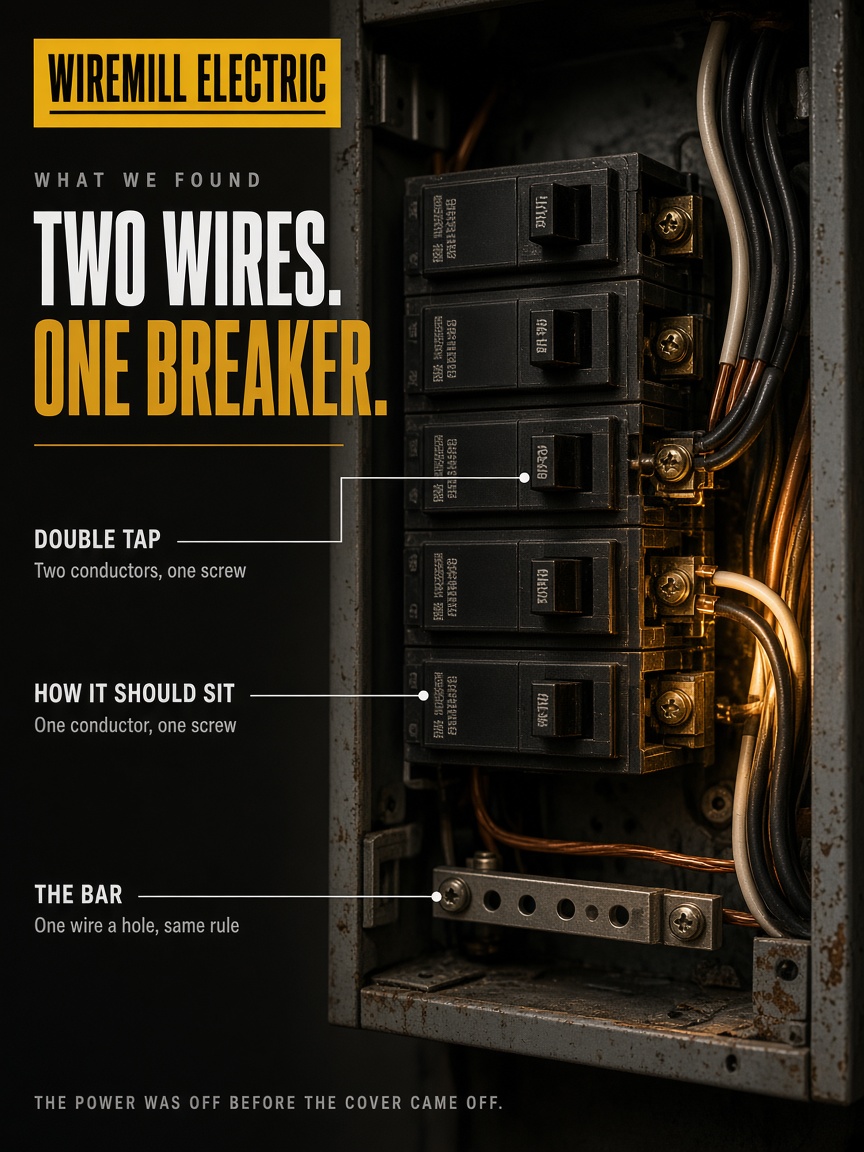 Wiremill Electric post: "Two wires. One breaker.", a macro photograph of an opened panel with leader lines on a doubled breaker screw, a correctly landed one and the bar below.