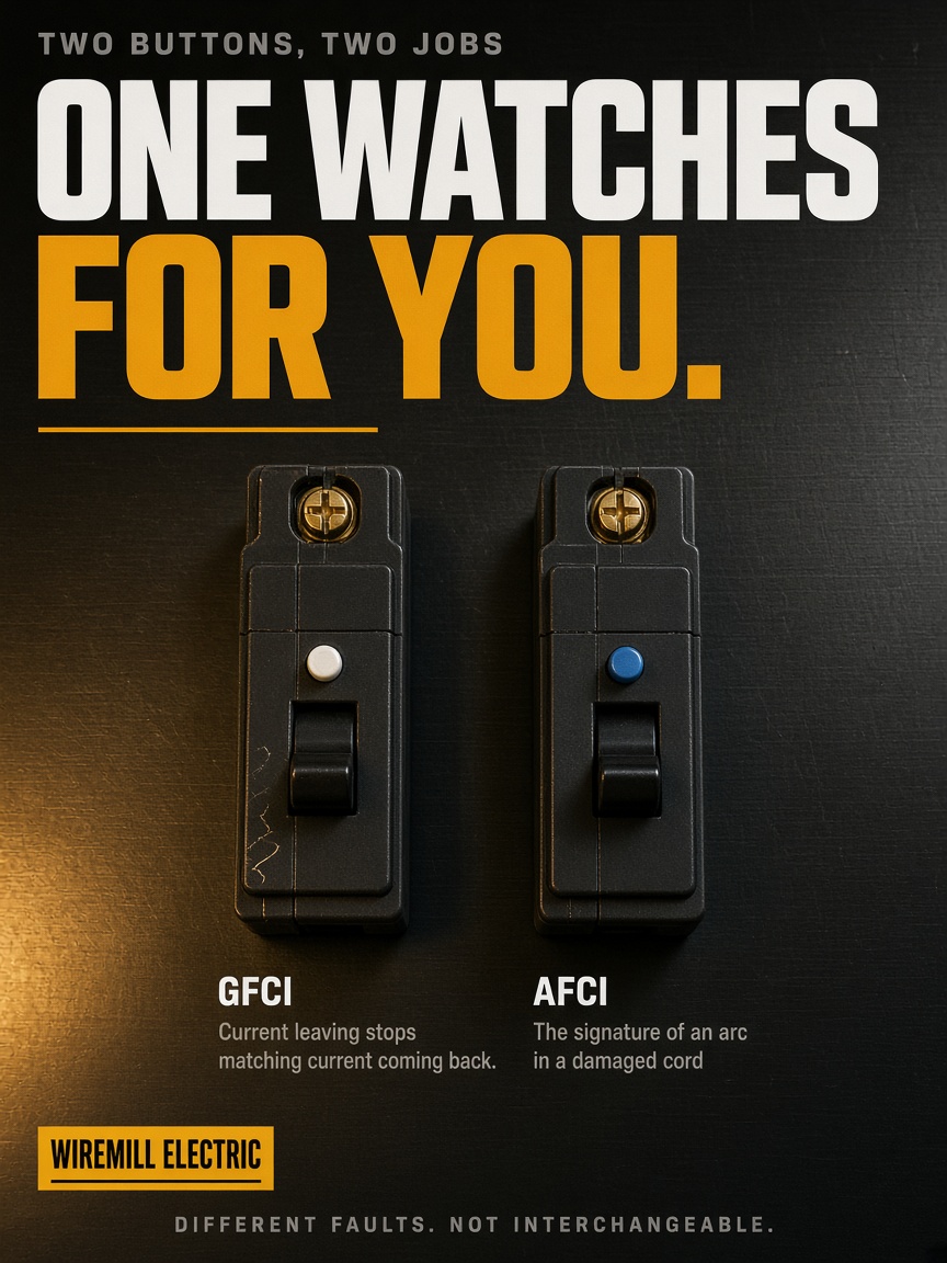 Wiremill Electric post: "One watches for you.", two plain breakers lying on a black bench, one with a white test button and one with a blue one, each labelled.