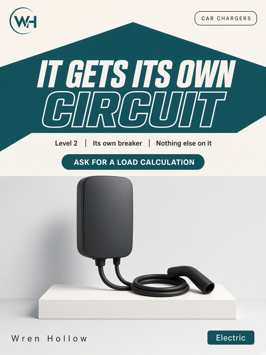 Wren Hollow post: "It gets its own circuit.", a plain wall charger and its coiled cable photographed on a cream studio plinth under a teal chevron.