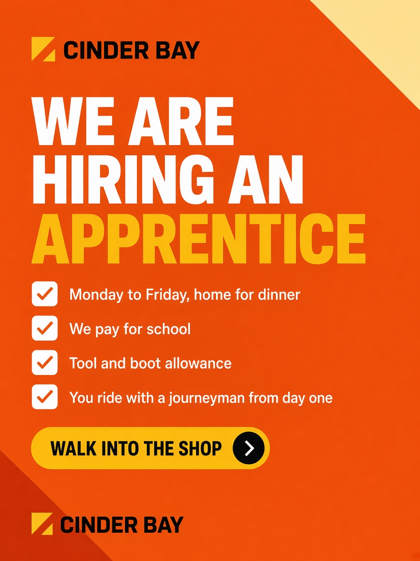 Cinder Bay post: "We are hiring an apprentice.", a flame orange card listing the schedule, the school, the allowances and how to apply.