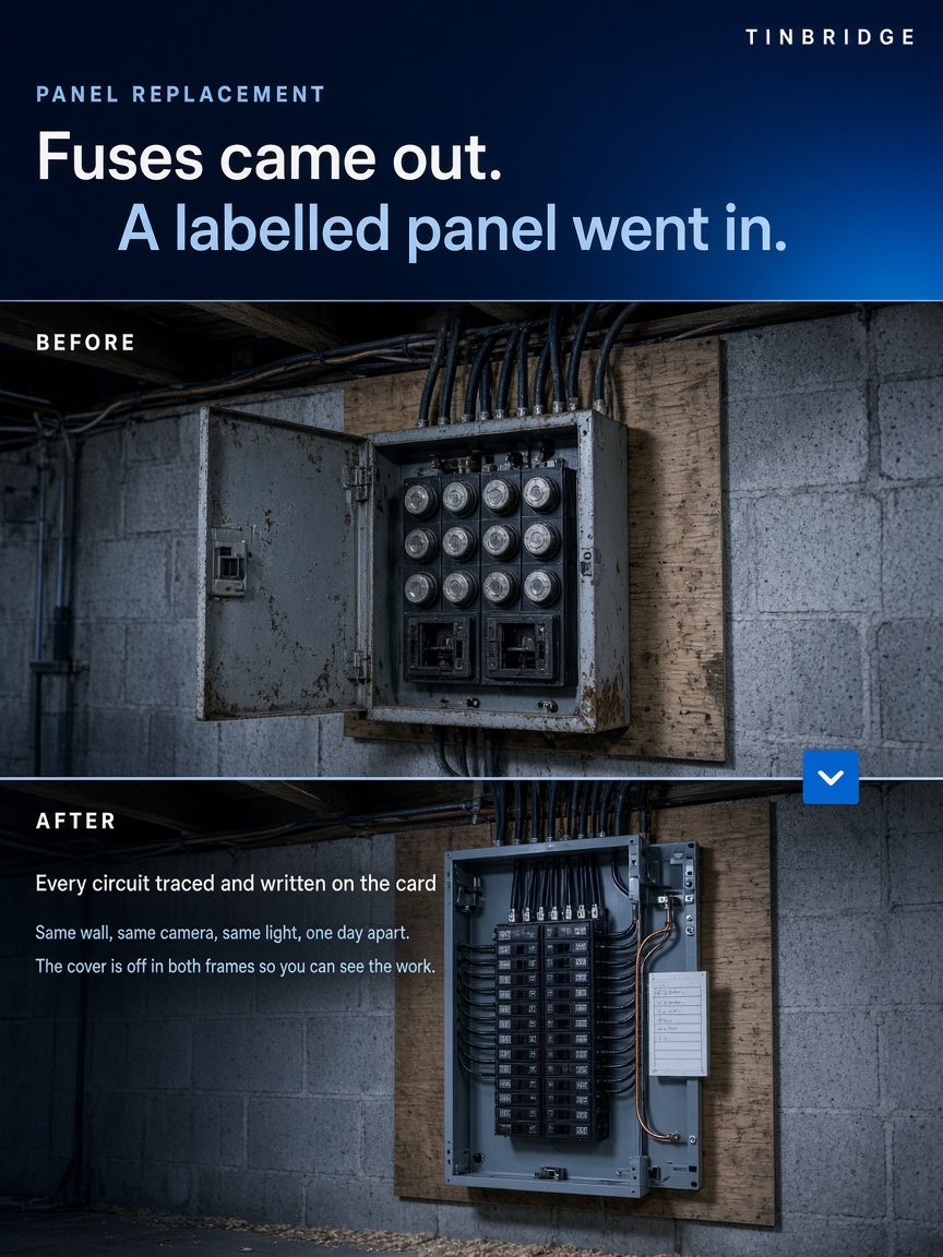 Tinbridge post: "Fuses came out.", a navy diptych of one basement wall, an old open fuse box above and a new labelled breaker panel below.