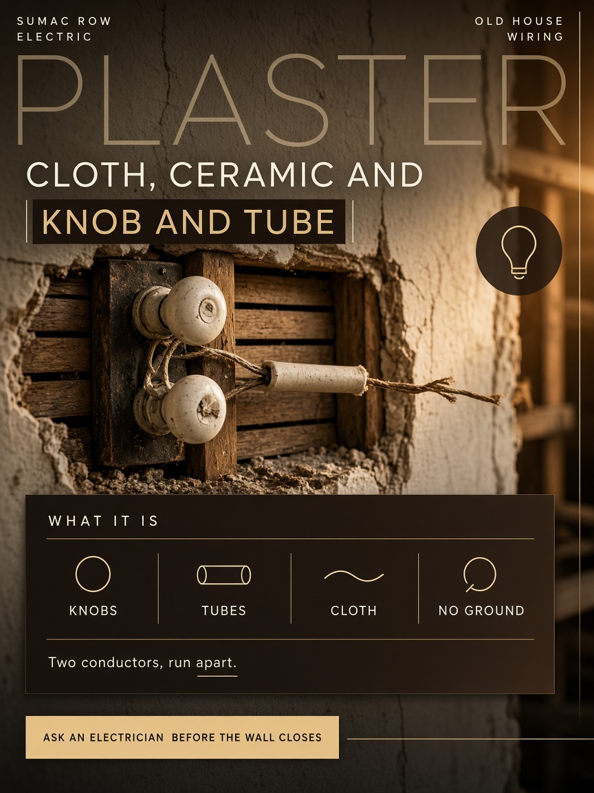 Sumac Row post: "Knob and tube.", a warm photograph of plaster cut back to the lath, porcelain knobs on a stud and cloth covered conductors running apart.