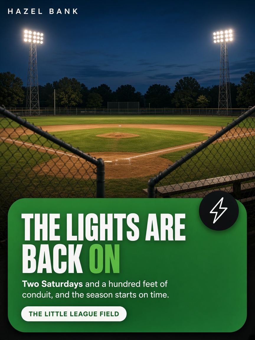Hazel Bank post: "The lights are back on.", a little league field at dusk under lit towers with a green panel across the bottom third.