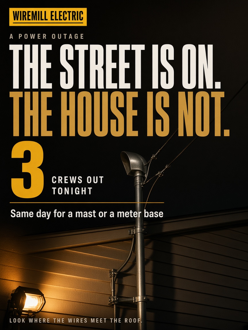 Wiremill Electric post: "The street is on. The house is not.", a dark card with three crews out tonight over a work lit service mast against a night sky.