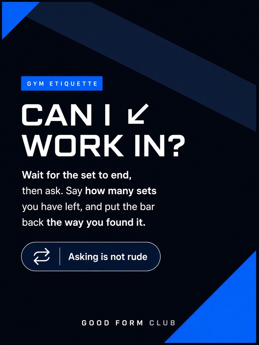 Good Form Club post: "CAN I WORK IN?", a near-black card setting out how to share a rack in white type.
